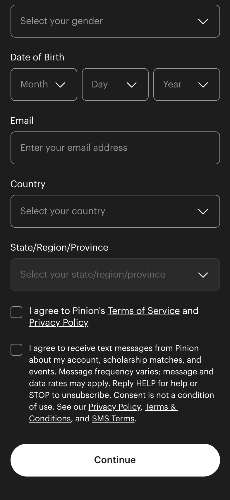 Pinion mobile app Create Your Account screen. Below the Terms of Service and Privacy Policy checkbox is a separate, unchecked checkbox with the SMS consent disclosure.