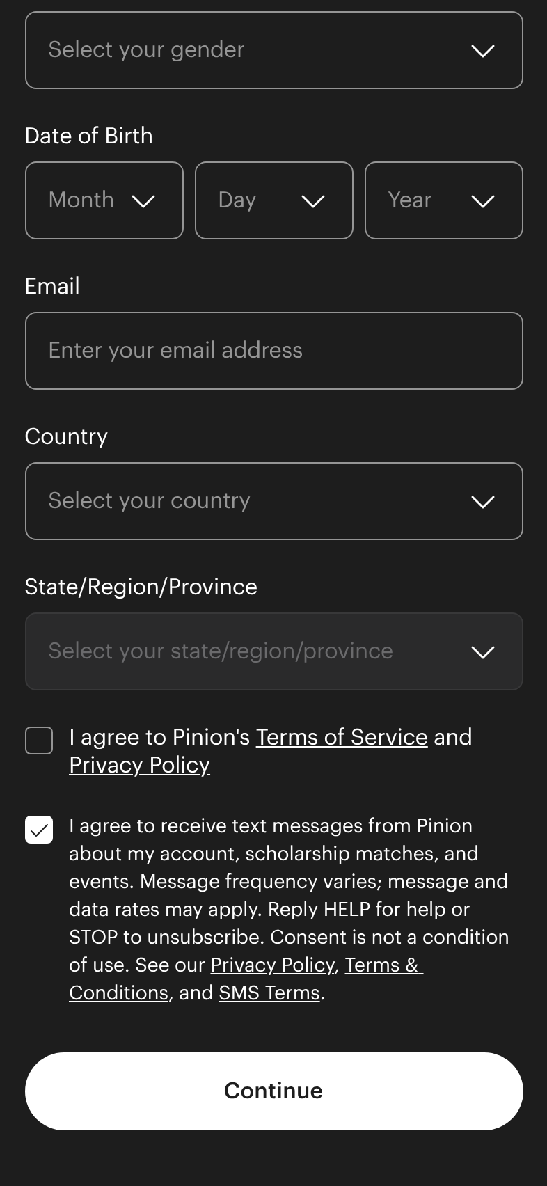 The same Create Your Account screen with the SMS consent checkbox checked by the user.