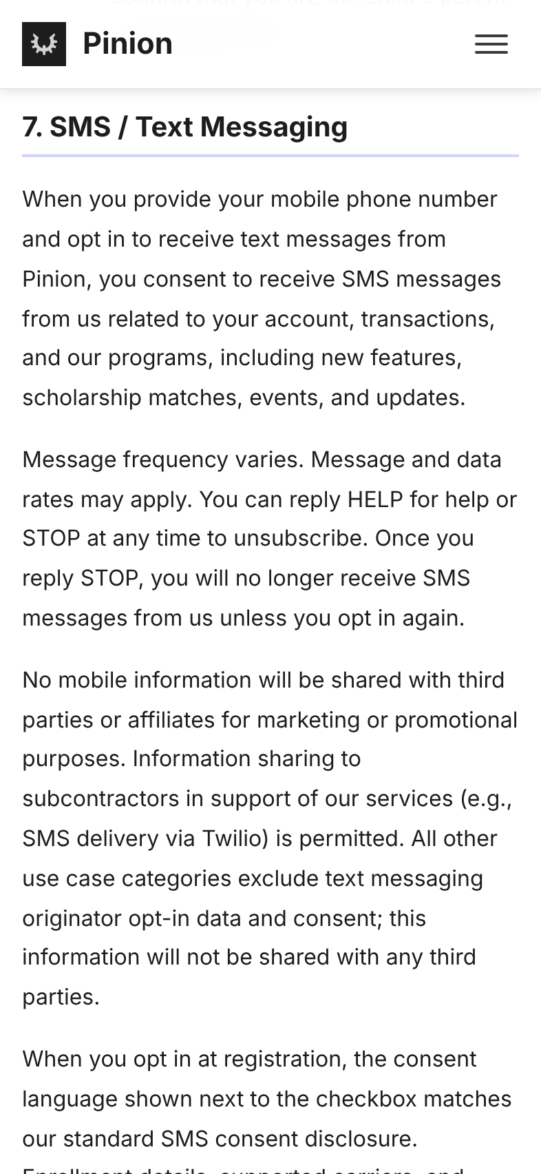 The Pinion Privacy Policy at phone width, open at section 7, SMS / Text Messaging, which states that no mobile information is shared with third parties or affiliates for marketing or promotional purposes.